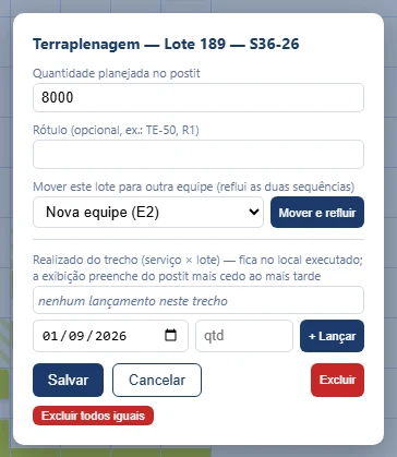 Caixa do postit com quantidade planejada, rótulo e o lançamento de realizado do trecho